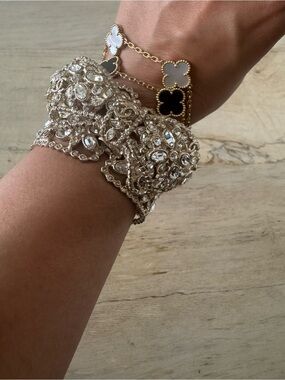 CHANEL Gold Tone Crystal Multi-Strand Bracelet with Black and White Clovers